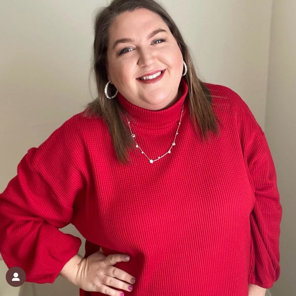 Ava & Viv Red waffle knit mock neck long balloon sleeve top, 4X